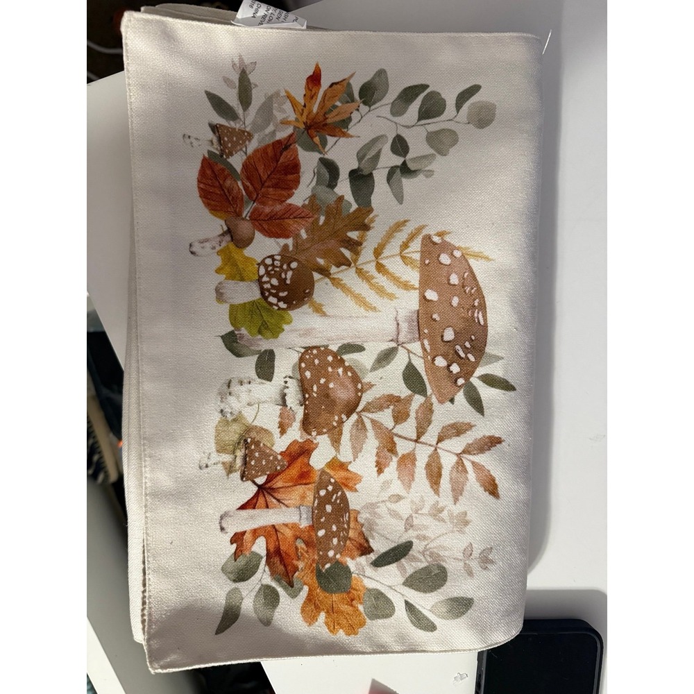 Vintage Fall Mushroom Leaf Table Runner Cream Cottagecore Woodland Decor 70x12